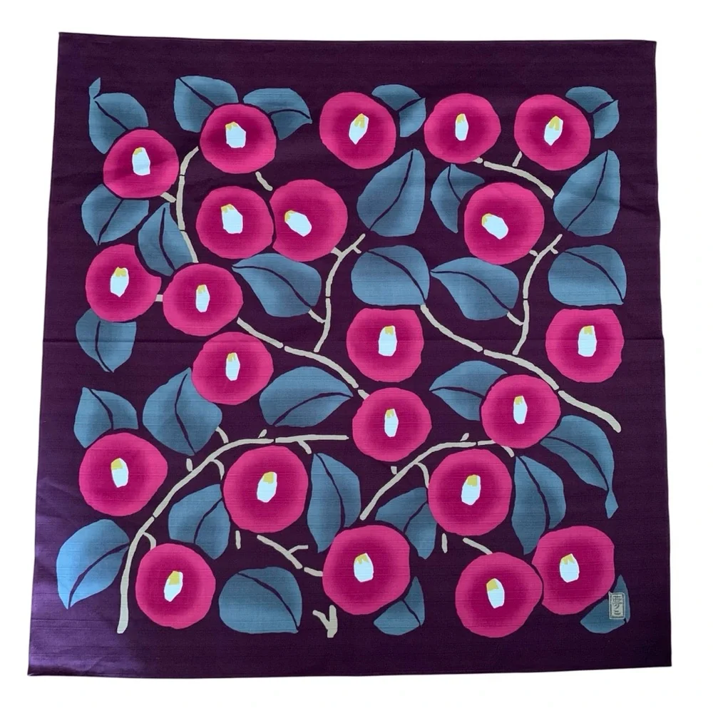 Musubi Japanese Furoshiki 36” Takehisa Yumeji Camellia Purple Cotton Cloth Japan